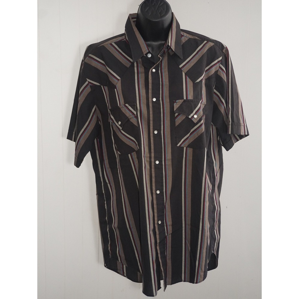 Ely Plains Medium Black Striped Short Sleeve Western Pearl Snap Shirt